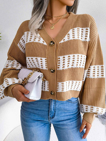 Sarah Express Women's Color Block Lantern Sleeve Cardigan Sweater Coat - Designer Knitwear