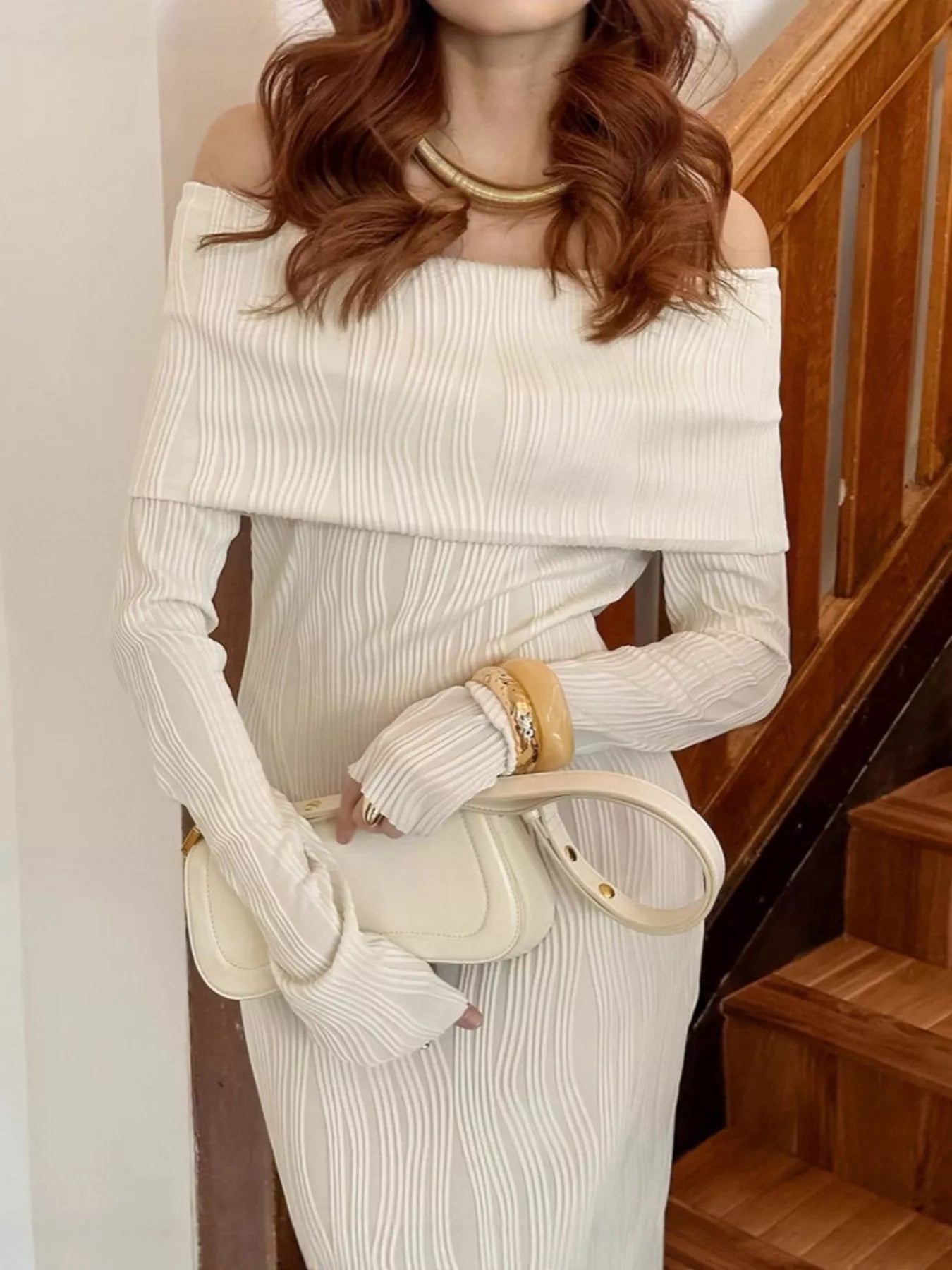 Sarah Express Women's Off-Shoulder Textured Knit Maxi Dress Ivory