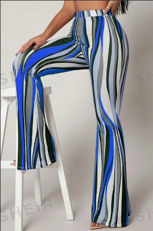 Sarah Express Women's Striped High Waist Flared Leg Pants