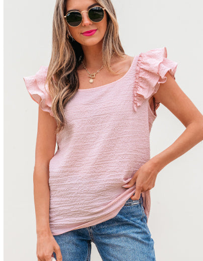 Sarah Express Textured Bow Knot Butterfly Sleeve Blouse Women's Frilled Top