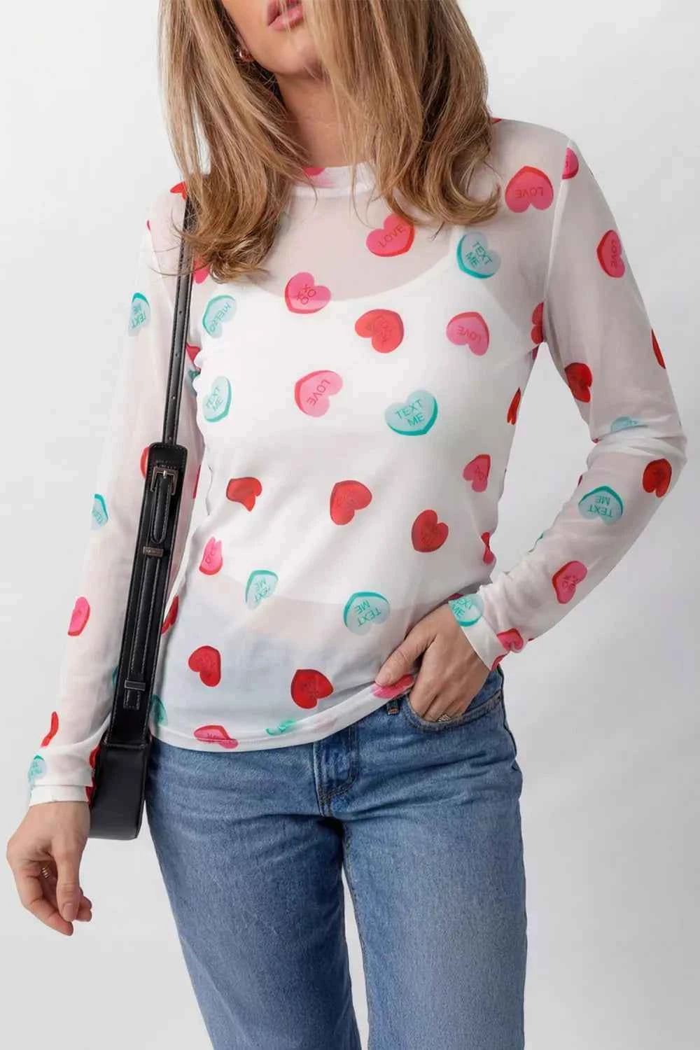 Sarah Express Women's Sheer Mesh Valentine Heart Print Long Sleeve Top