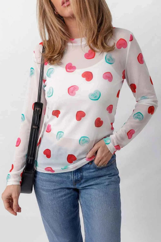Sarah Express Women's Sheer Mesh Valentine Heart Print Long Sleeve Top