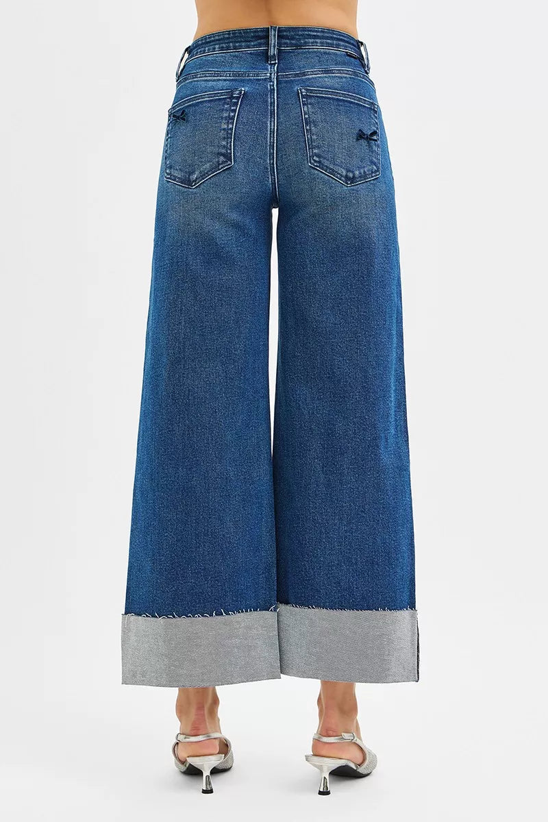 Sarah Express Women’s High Rise Crop Wide Leg Jeans with Ribbon Detail
