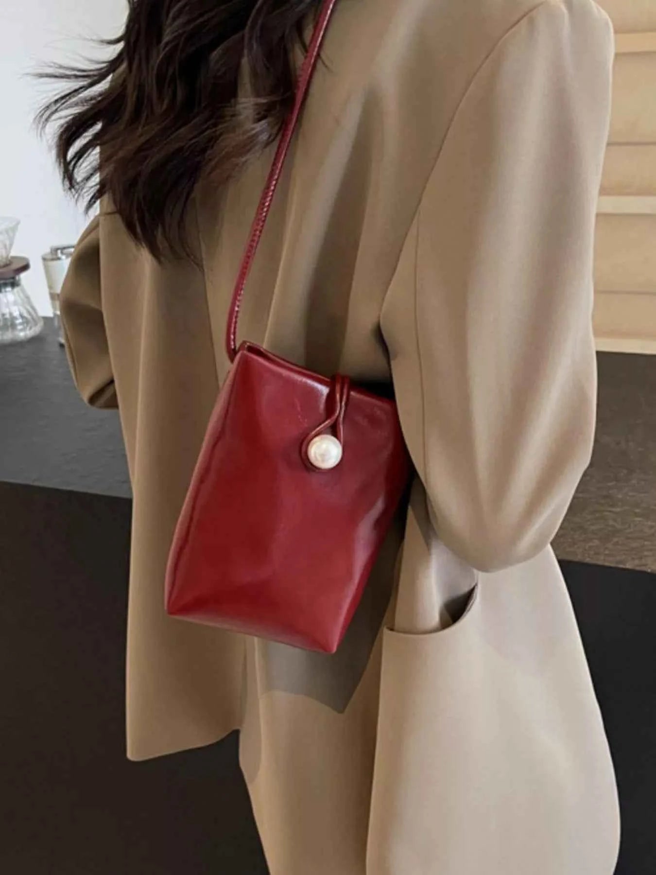 Sarah Express Women's Pearl Decor Faux Leather Crossbody Bag - Mini PU Leather Shoulder Bag