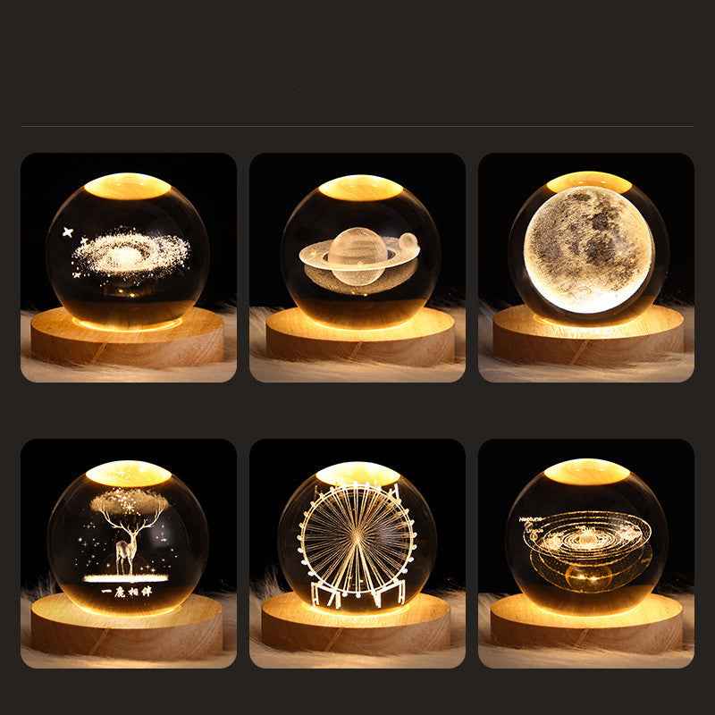 Sarah Express 3D Crystal Ball Night Light - Luminous Planetary Moon Galaxy Projection Lamp with Wooden Base