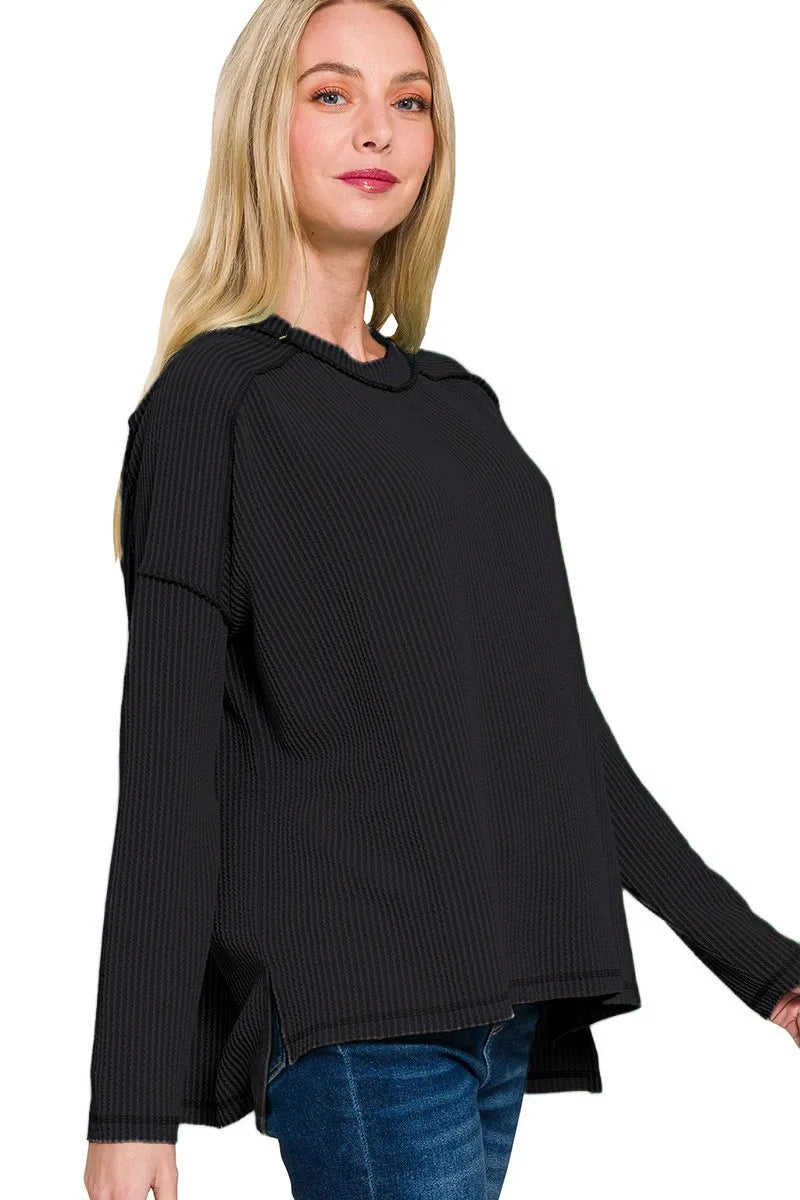 Sarah Express Women’s Plus Size Exposed Seam Corded Rib Knit Top
