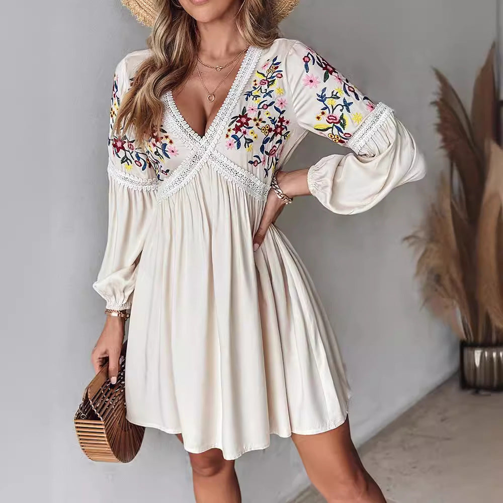 Sarah Express Women's Embroidered V-Neck Casual Maxi Dress Mid Waist Regular Sleeve