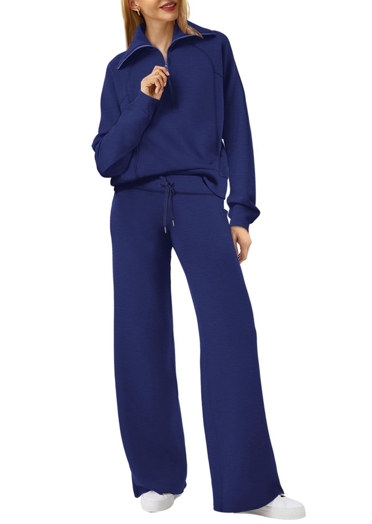 Sarah Express Women's Long Sleeve Zipper Sweatshirt and Wide-Leg Pants Athleisure Set
