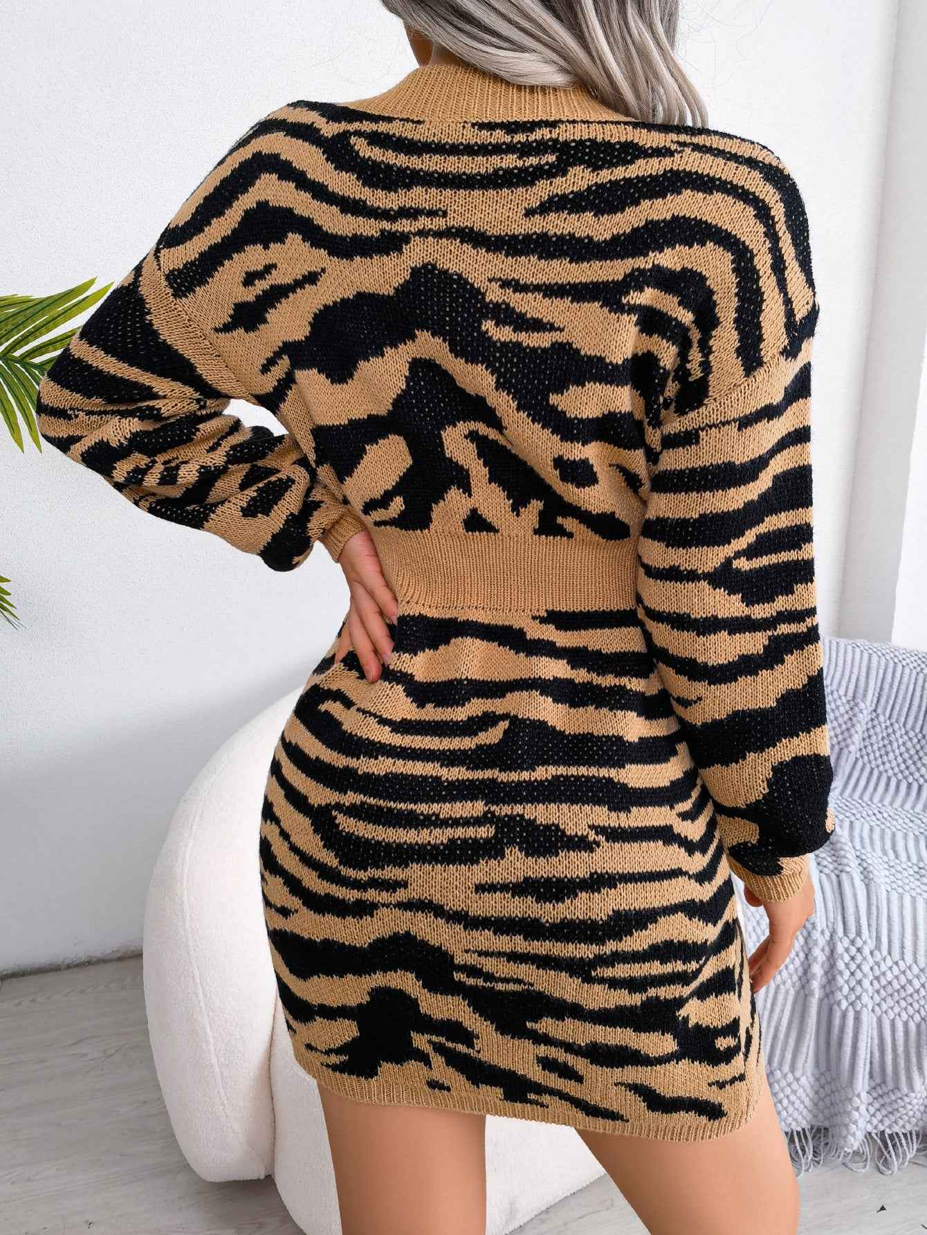 Sarah Express Women's Tiger Print Sweater Dress with Lantern Sleeves - Cinched Waist Knit Dress