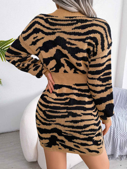 Sarah Express Women's Tiger Print Sweater Dress with Lantern Sleeves - Cinched Waist Knit Dress
