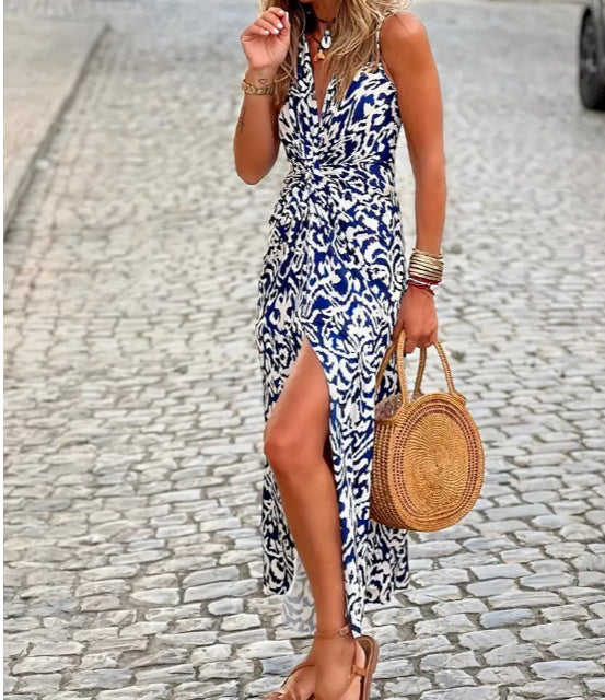 Sarah Express V-Neck Bohemian Floral Print Jumpsuit Blue One Piece