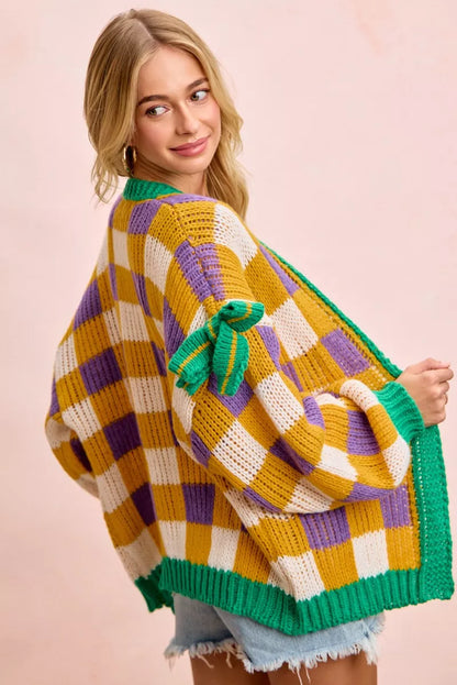 Sarah Express Women's Mardi Gras Checkerboard Front Open Cardigan