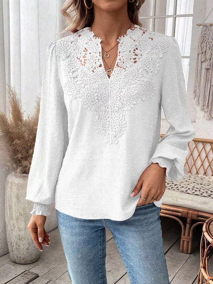 Sarah Express Women's Lace Trim Long Sleeve Blouse with Swiss Dot Detail