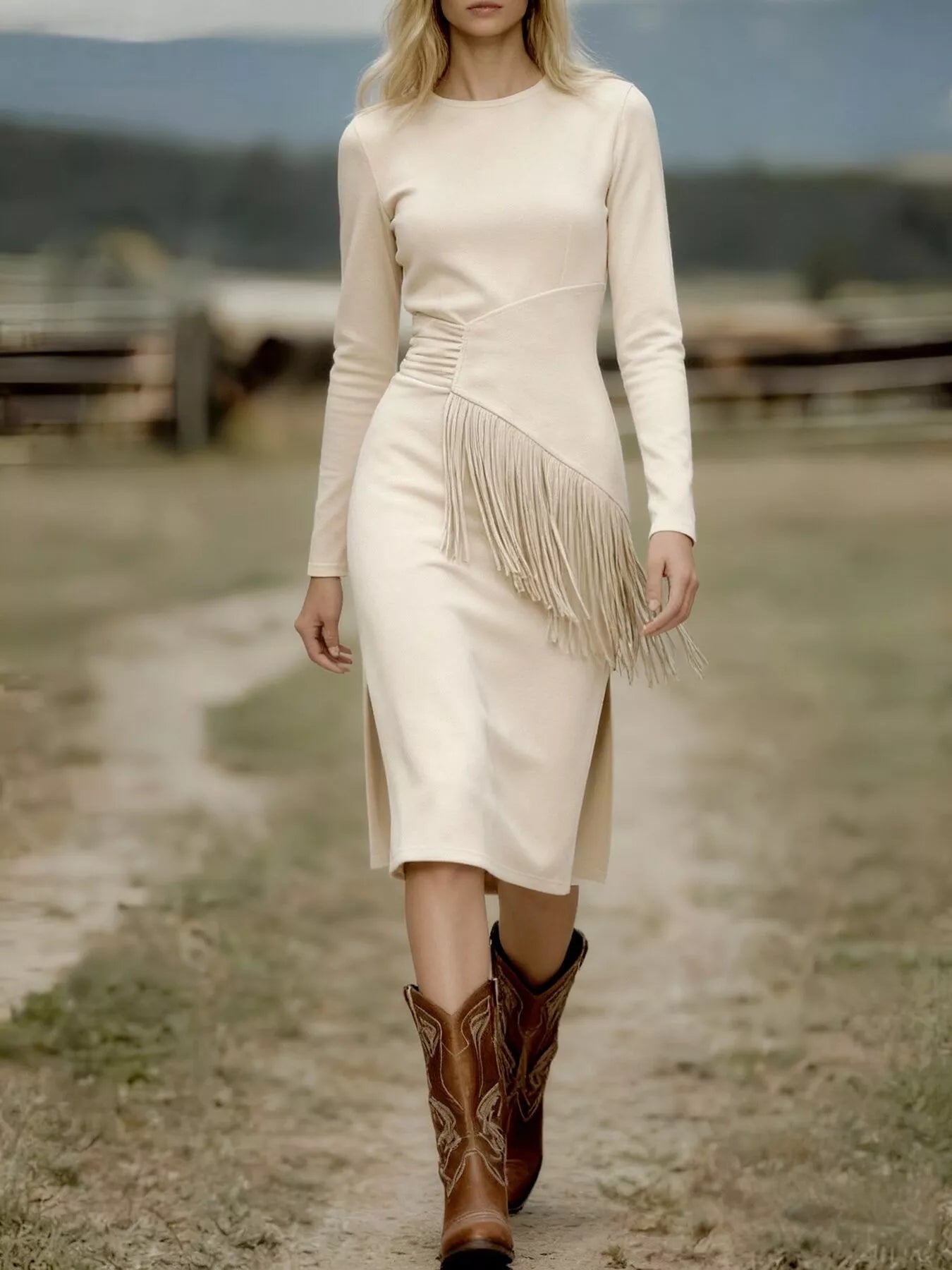 Sarah Express Women's Suede Fringe Long Sleeve Midi Dress - Boho Western Style