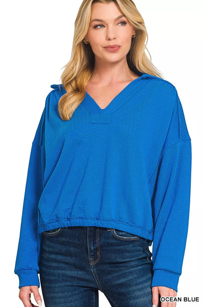 Sarah Express Women's French Terry Collared Exposed Seam Sweatshirt OCEAN BLUE
