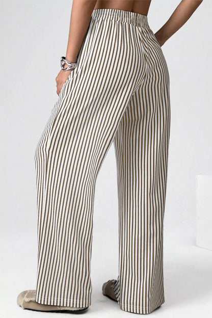 Sarah Express Women's Stripe Elastic High Waist Pocketed Loose Pants