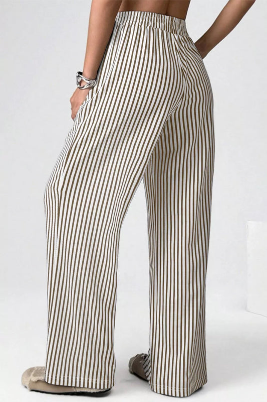 Sarah Express Women's Stripe Elastic High Waist Pocketed Loose Pants