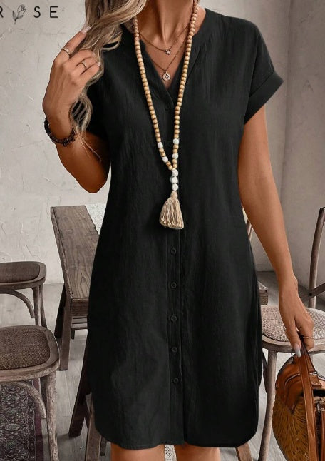 Sarah Express Notched Button Front Batwing Sleeve Cotton Shirt Dress