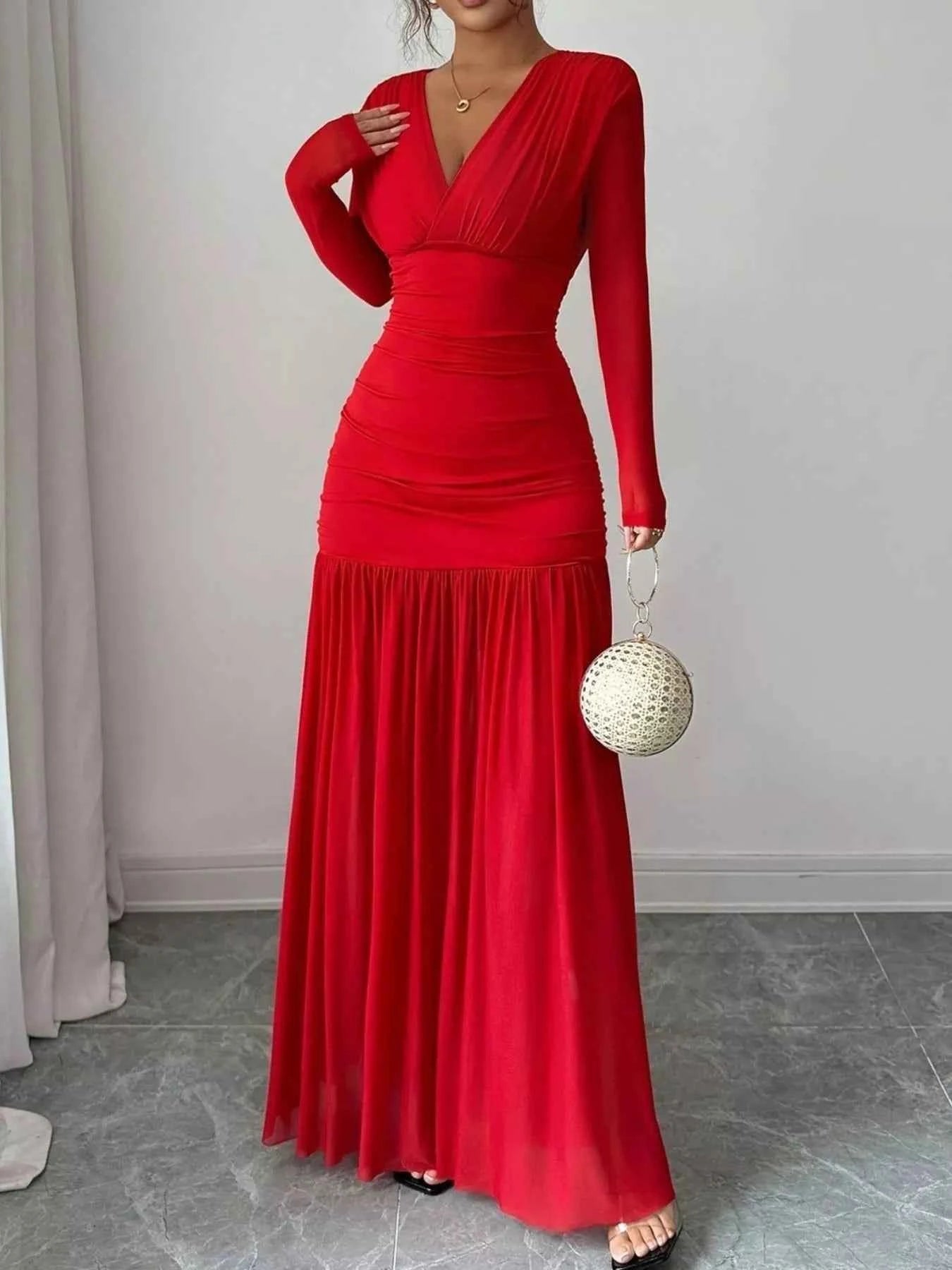 Sarah Express Women's Ruched Surplice Long Sleeve Maxi Dress - Elegant Tie Detail