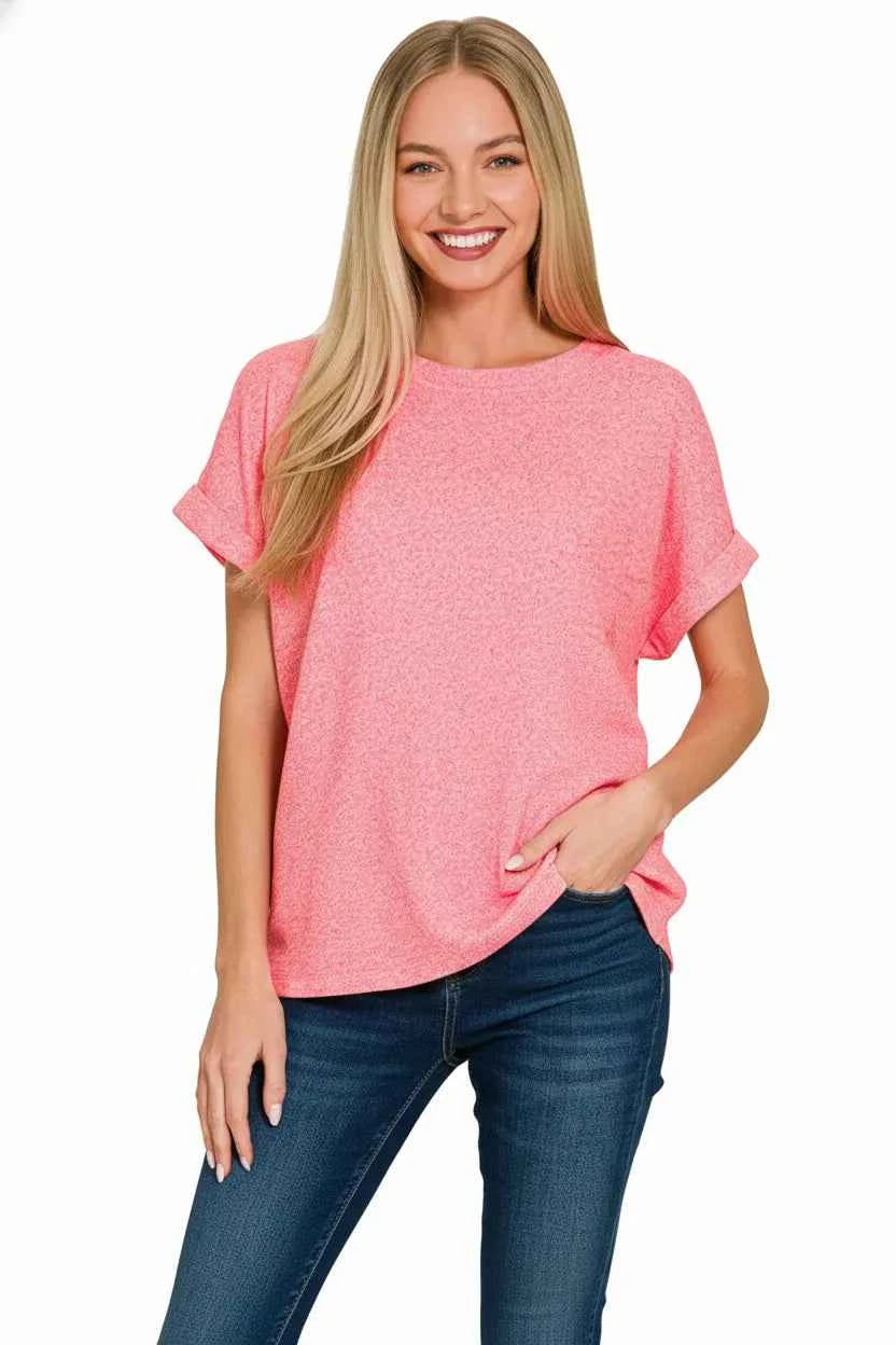 Sarah Express Women's Soft Melange Hacci Short Sleeve Round Neck Top