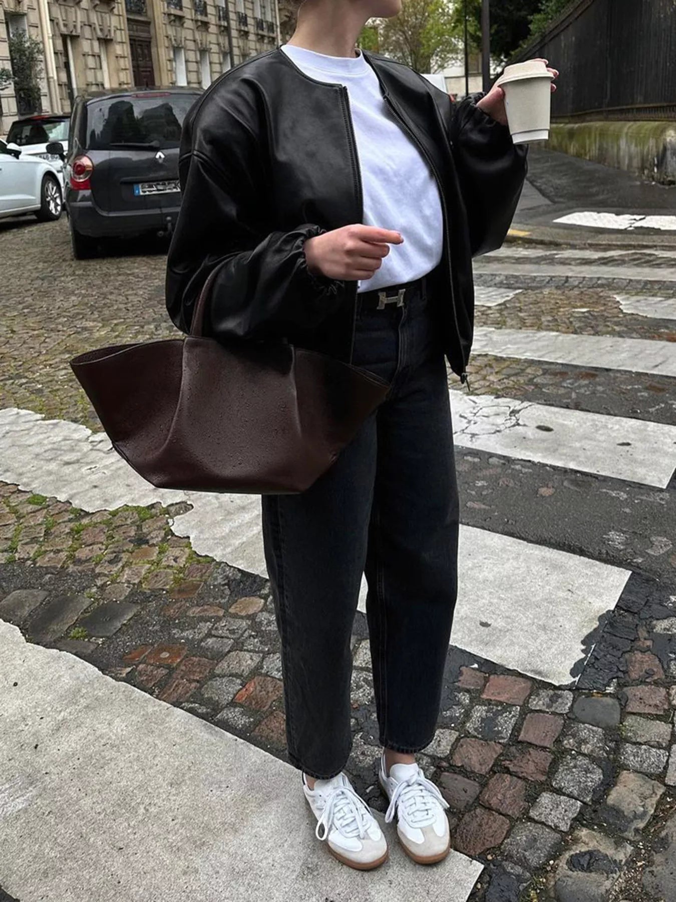 Sarah Express Women's Zip Up Leather Bomber Jacket