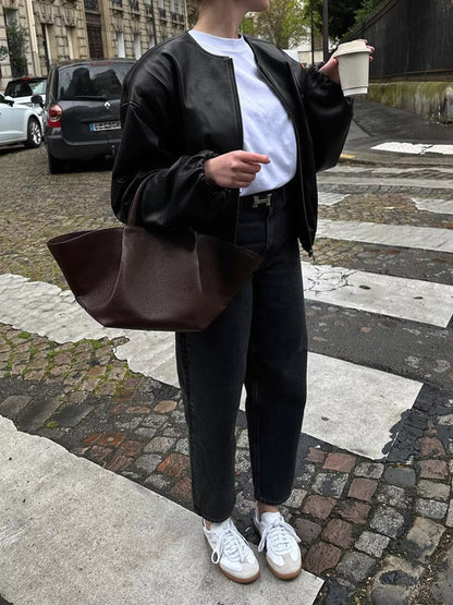 Sarah Express Women's Zip Up Leather Bomber Jacket