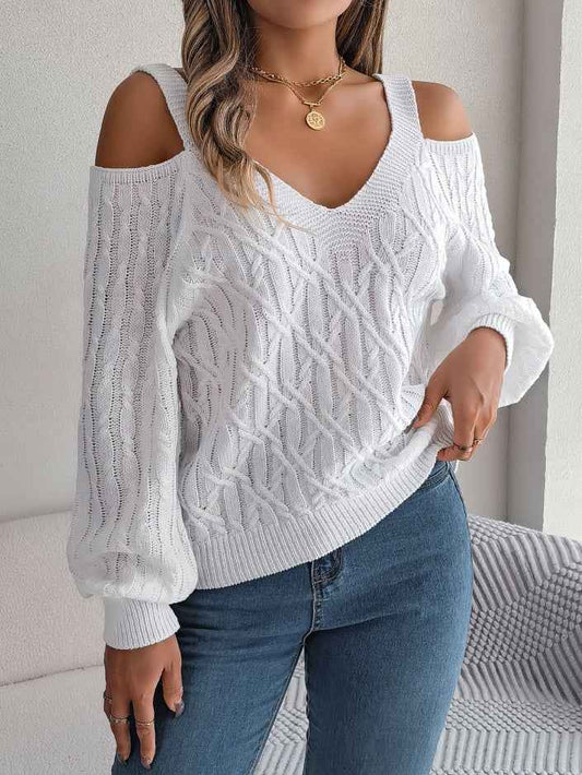 Sarah Express Women's Off-Shoulder Cable Knit Sweater - Casual Lantern Sleeve Pullover