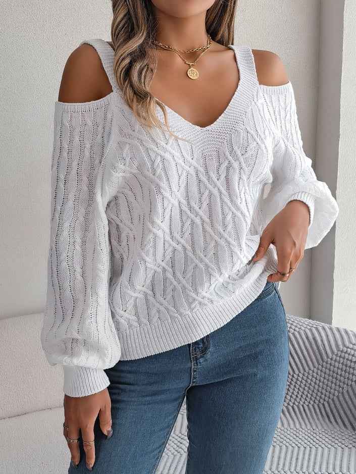 Sarah Express Women's Off-Shoulder Cable Knit Sweater - Casual Lantern Sleeve Pullover White