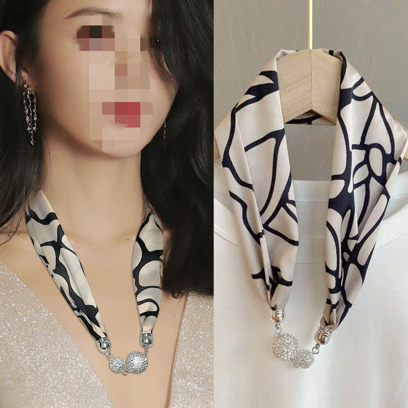 Sarah Express Magnetic Buckle Silk Scarf with Pearl Detail Women's Rectangular Necklace Scarf