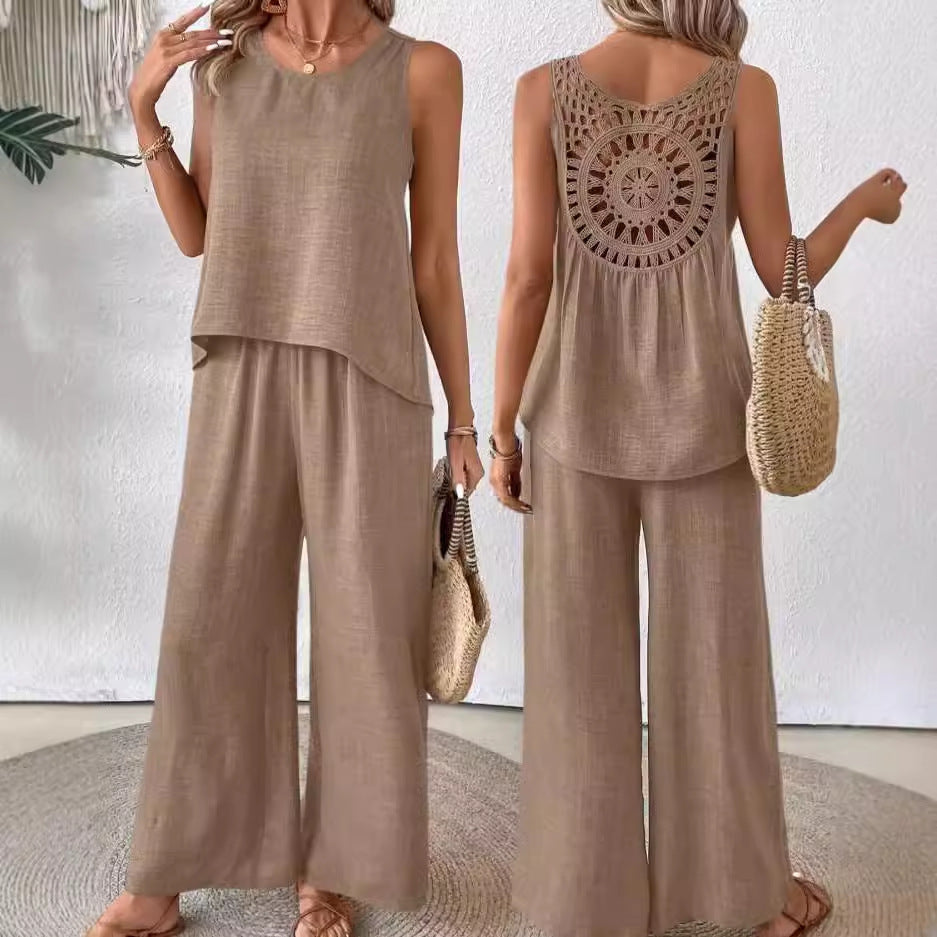 Sarah Express Women's Sleeveless Top and Pants Set with Lace Back Detail
