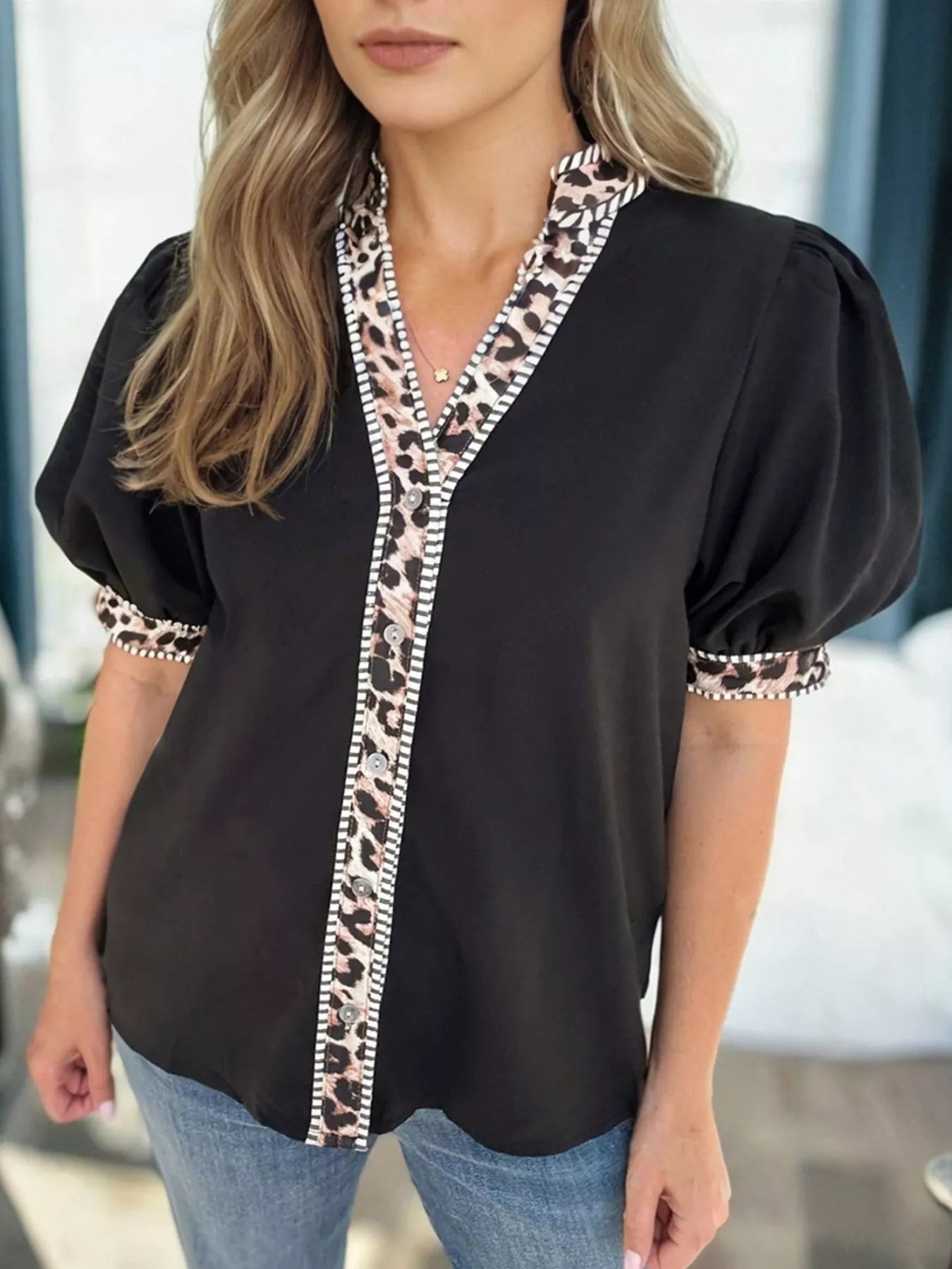Sarah Express Women's V-Neck Leopard Print Button Down Shirt - Striped Puff Sleeve Blouse Black