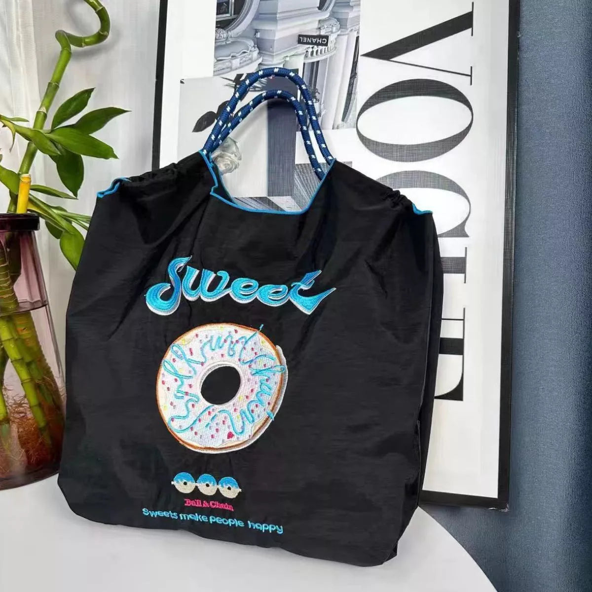 Sarah Express Women's Embroidered Lightweight Canvas Tote Handbag Black One Size