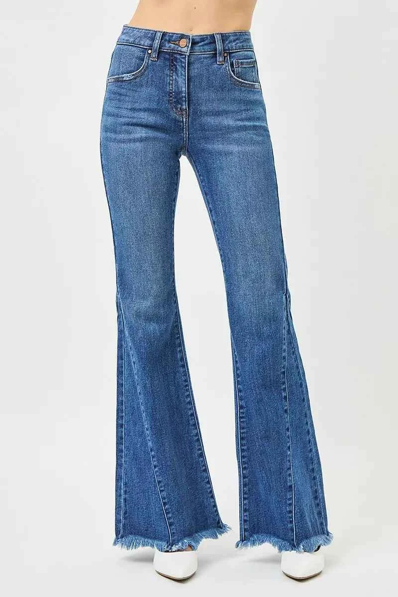 Sarah Express Women's Mid Rise Flare Jeans with Side Seam Detailing - RISEN Denim