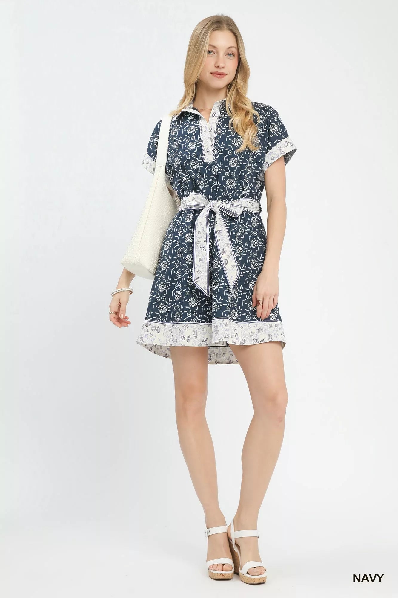 Sarah Express Women's Border Print Belted Shirt Dress