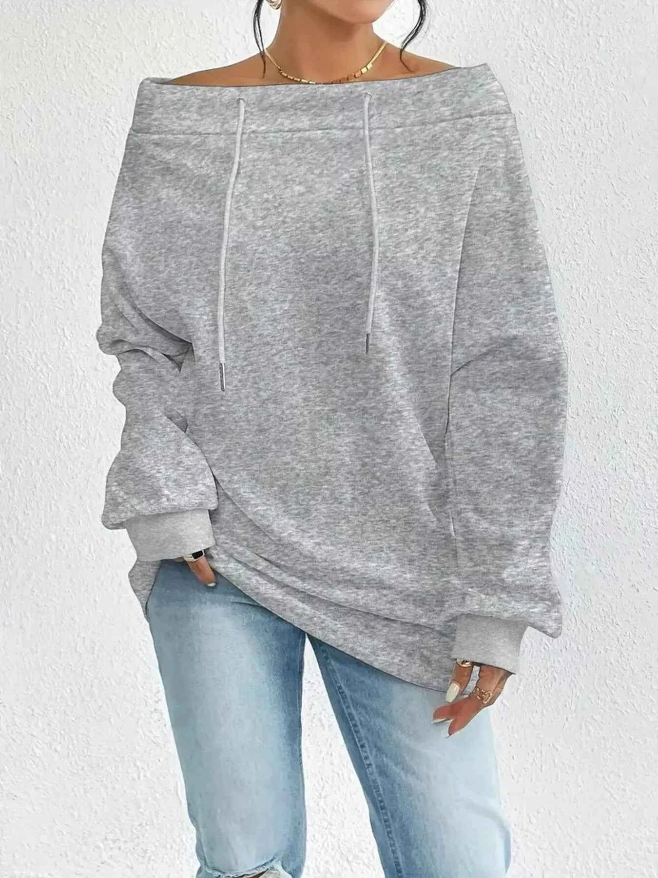 Sarah Express Women's Off-Shoulder Drawstring Sweatshirt - Casual Pullover Top Gray