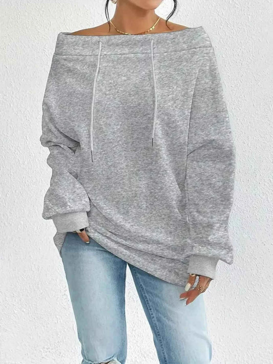 Sarah Express Women's Off-Shoulder Drawstring Sweatshirt - Casual Pullover Top Gray