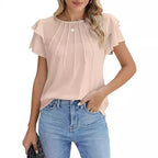 Sarah Express Women's Pleated Round Neck Blouse Short Sleeve Professional Work Top