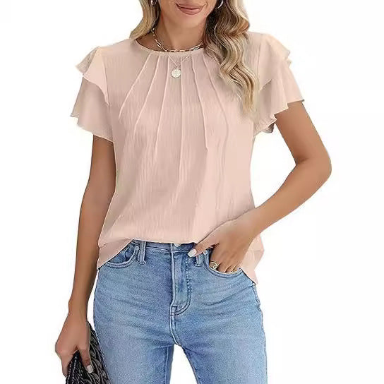 Sarah Express Women's Pleated Round Neck Blouse Short Sleeve Professional Work Top