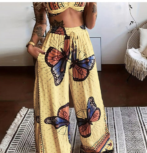 Sarah Express Women's Printed Tube Top Wide Leg Pants Two Piece Set Sleeveless