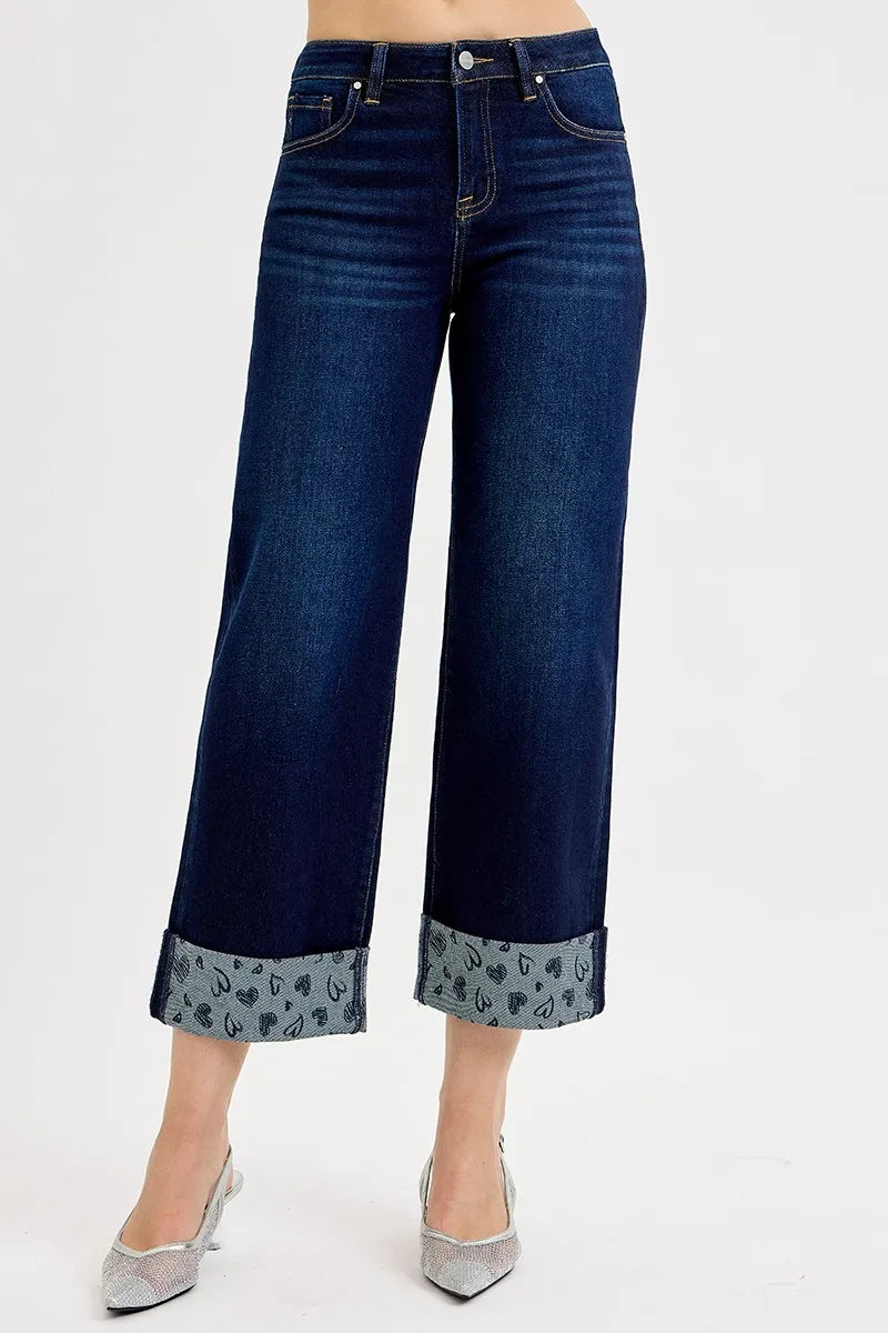 Sarah Express Women’s Plus Size Cropped Wide Leg Jeans with Printed Cuff
