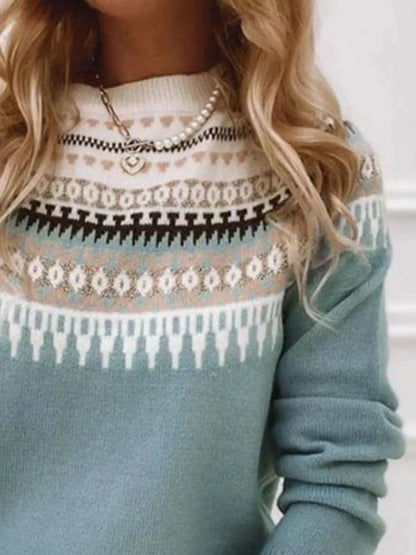 Sarah Express Women's Vintage Patterned Round Neck Sweater Plus Size