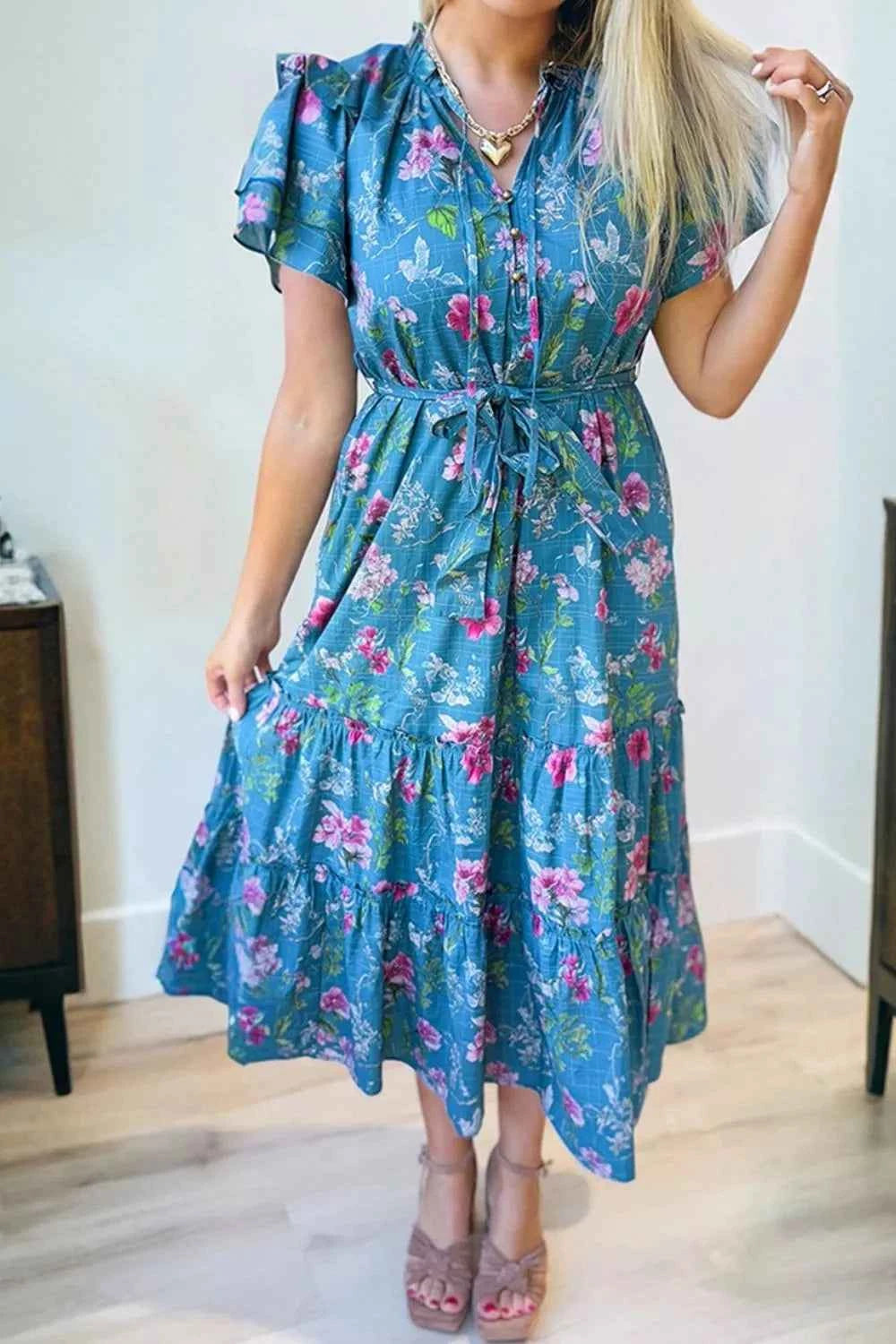 Sarah Express Women's Floral Flutter Sleeve Belted Maxi Dress - Cotton Button Front Split Neck Dress