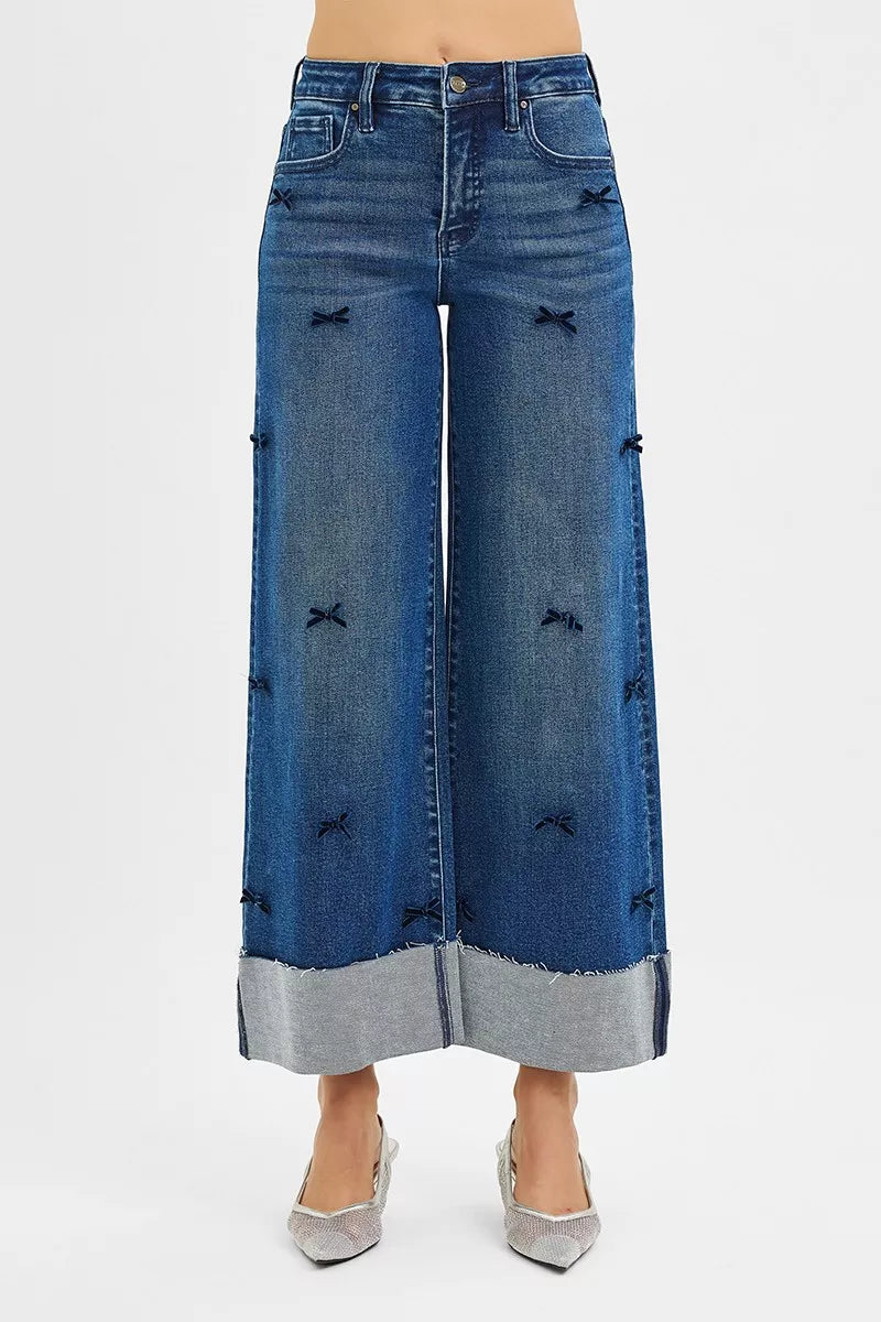 Sarah Express Women’s High Rise Crop Wide Leg Jeans with Ribbon Detail
