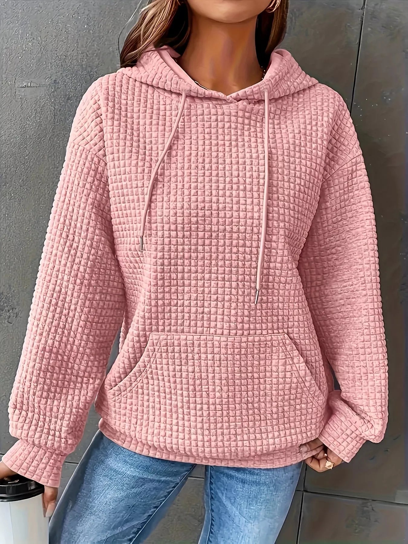 Sarah Express Women's Textured Knit Drawstring Hoodie Pink