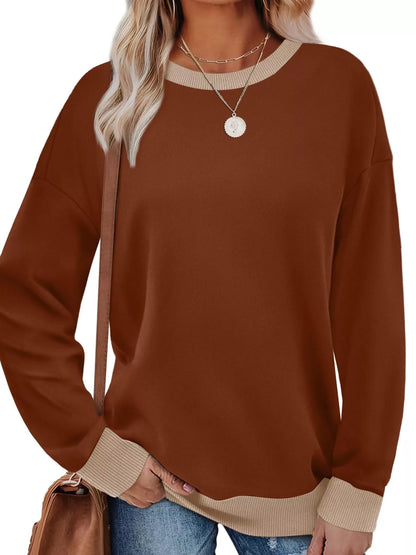 Sarah Express Women's Contrast Trim Crew Neck Casual Sweatshirt Dark Brown