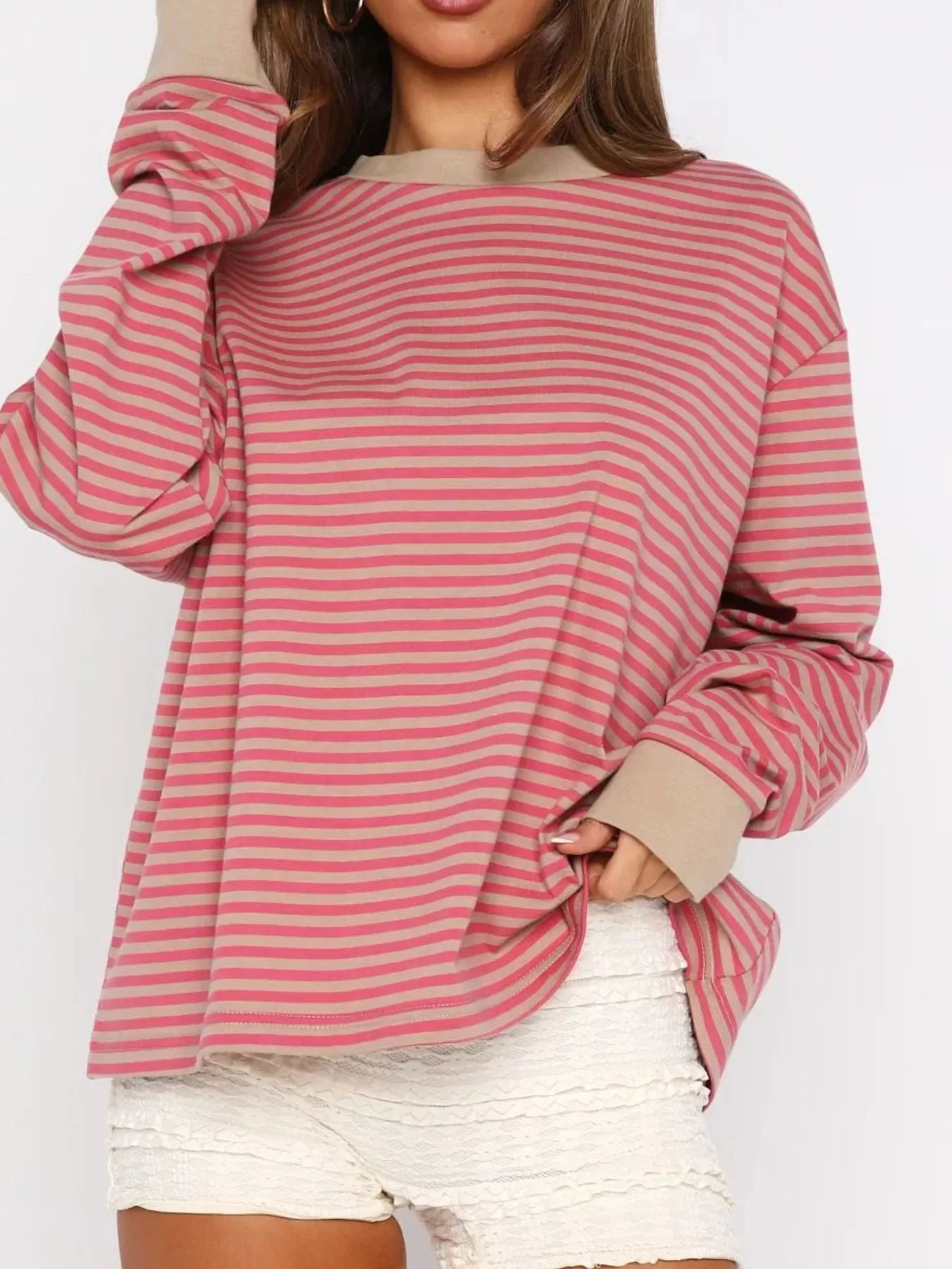 Sarah Express Women's Striped Oversized Round Neck Sweatshirt Coral