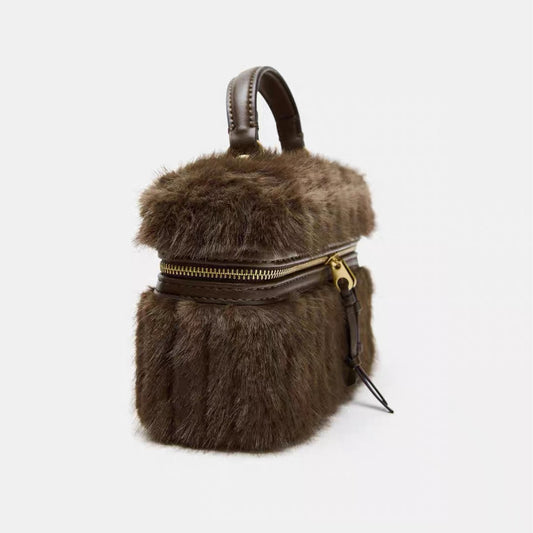Sarah Express Chic Plush Chain Crossbody Bag – Synthetic Leather Mini Handbag for Women | Coffee Brown