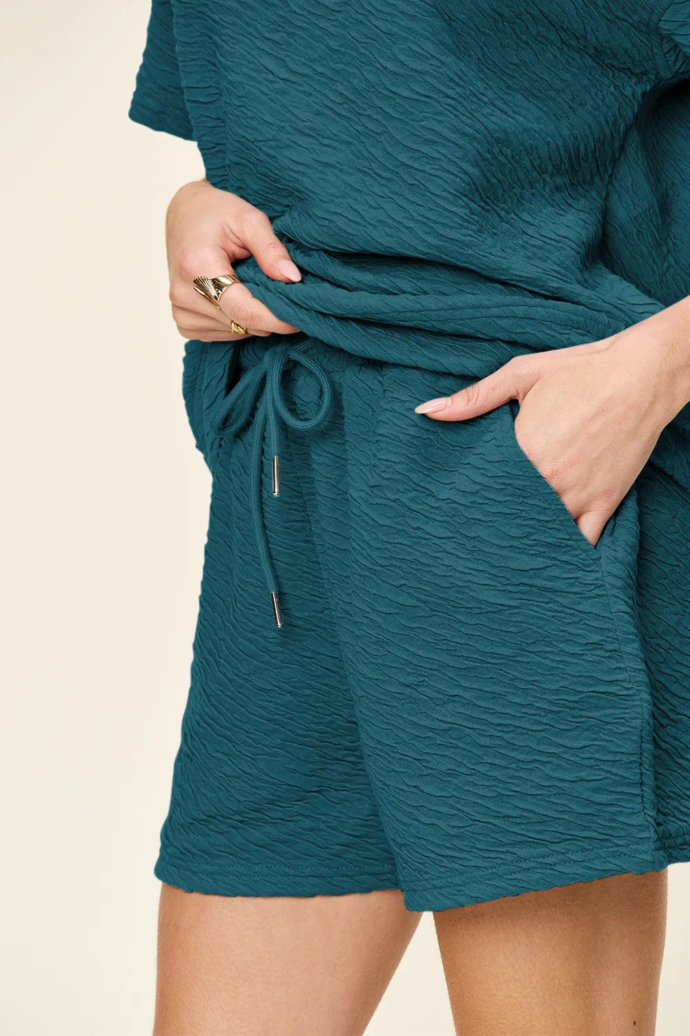 Sarah Express Women's Textured Short Sleeve T-Shirt and Drawstring Shorts Set