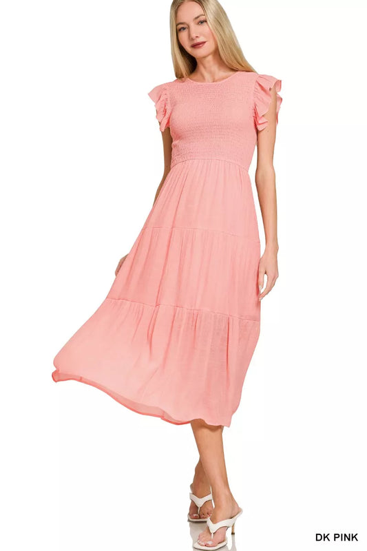 Sarah Express Women's Woven Smocked Ruffle Sleeve Midi Dress DK PINK