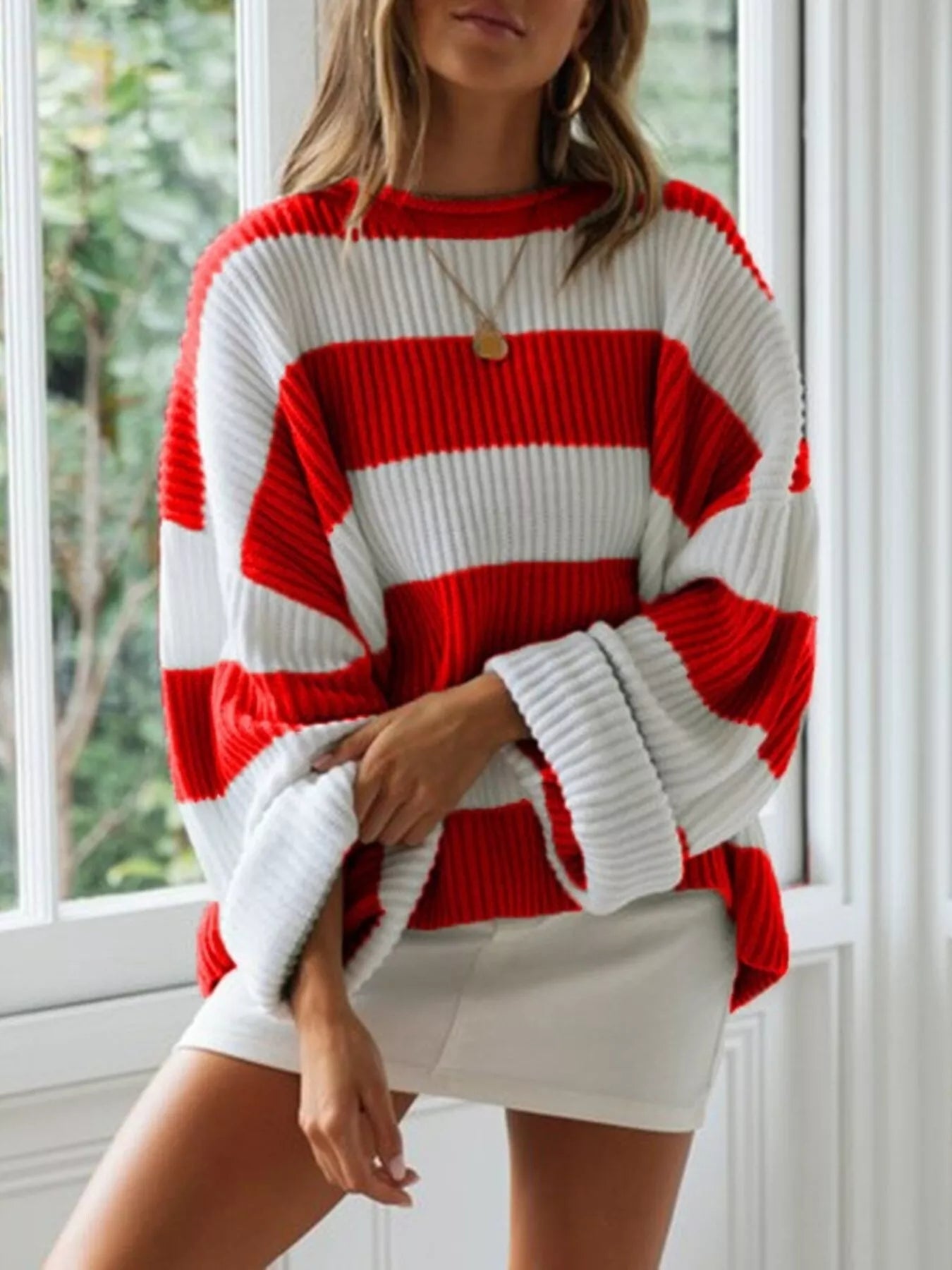 Sarah Express Women's Contrast Striped Round Neck Sweater Plus Size Red